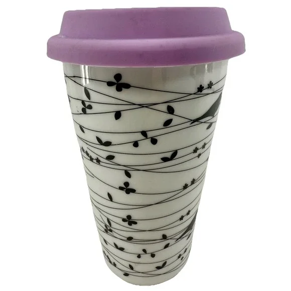 Ciroa Oiseau Coffee Travel Mug W/Lid Bird on a Vine Black and White Unused New - Picture 2 of 8